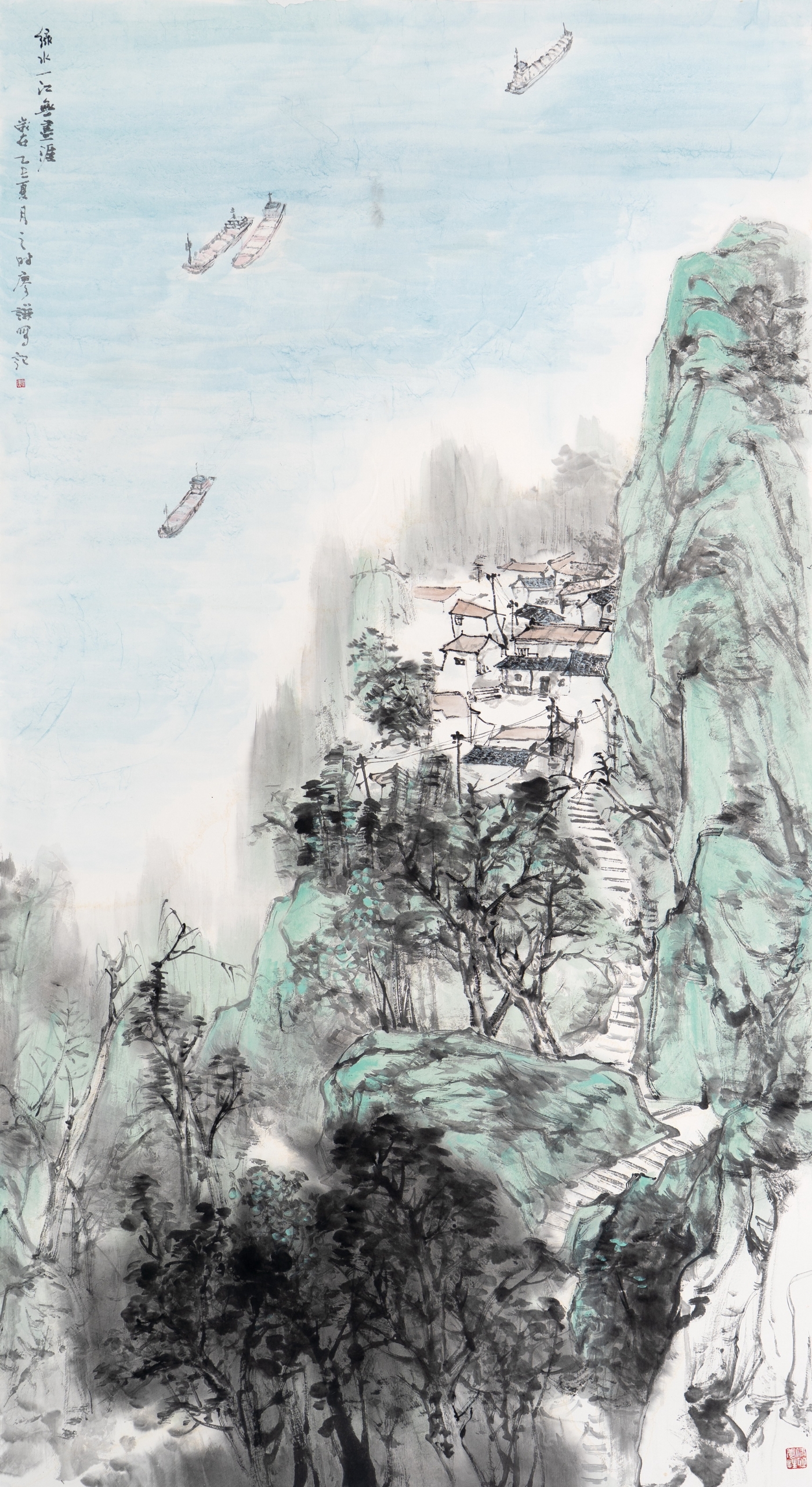 廖谦《绿水一江无尽涯》180cmx96cm