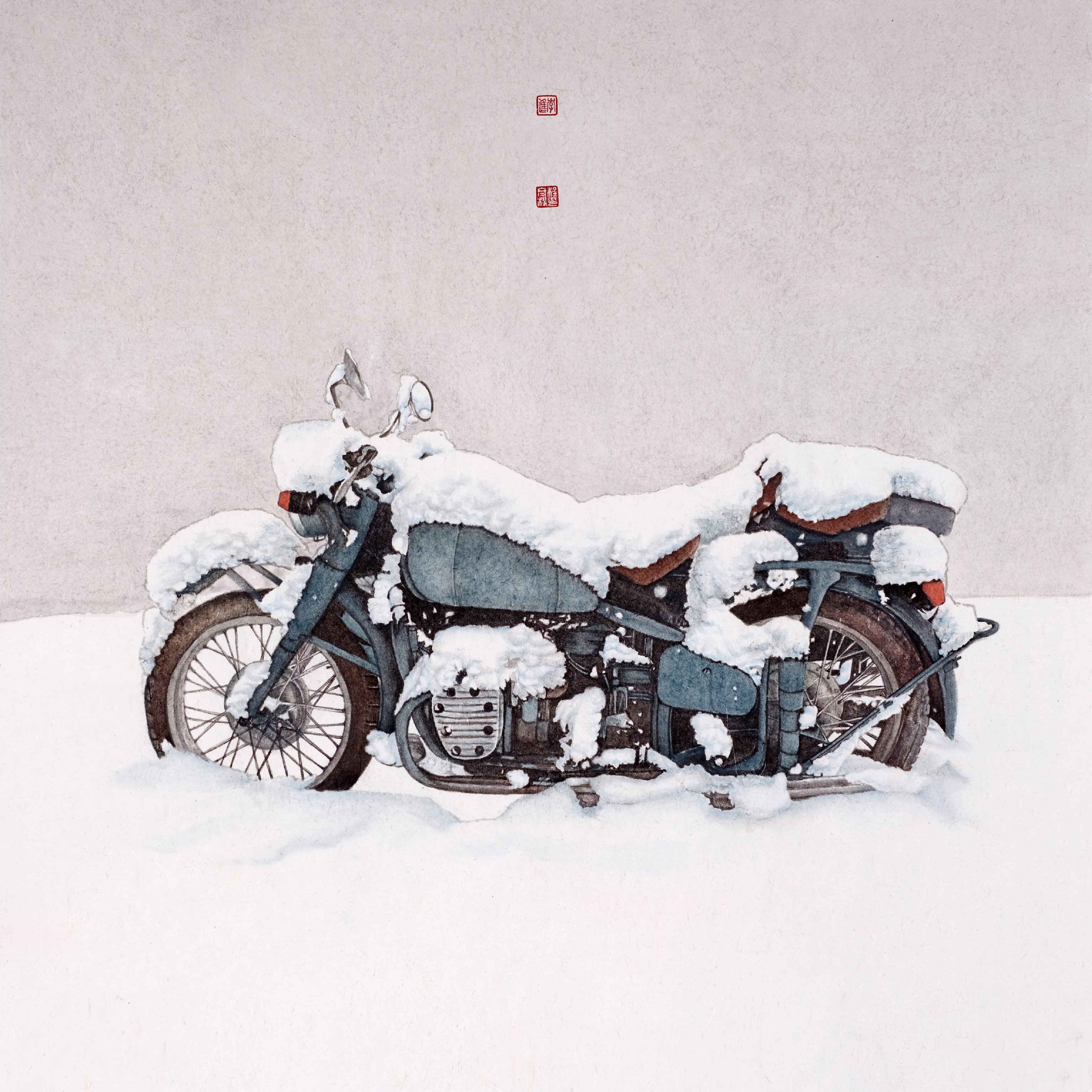203李进 程冬梅+《雪中摩托》+中国画 72cmx72 203李进 程冬梅+《雪中摩托》+中国画 72cmx72