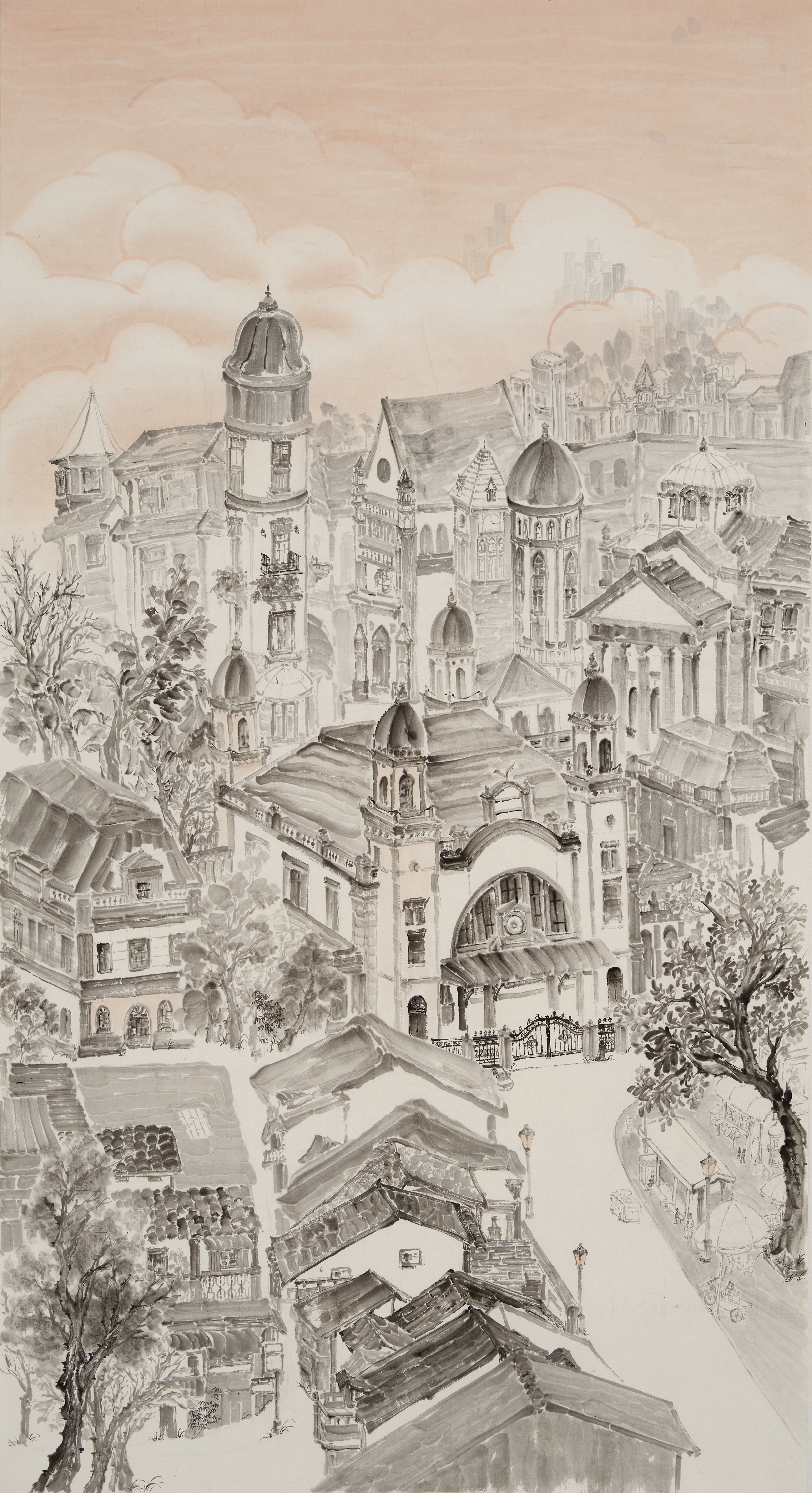 566郑泽慧 +《京汉斜阳映新楼浮光》+国画纸本+180cm×97cm+2025 566郑泽慧 +《京汉斜阳映新楼浮光》+国画纸本+180cm×97cm+2025